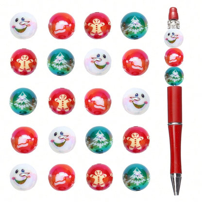 16mm Shiny UV Christmas Tree & Snowman Round Beads, 10pcs/Set