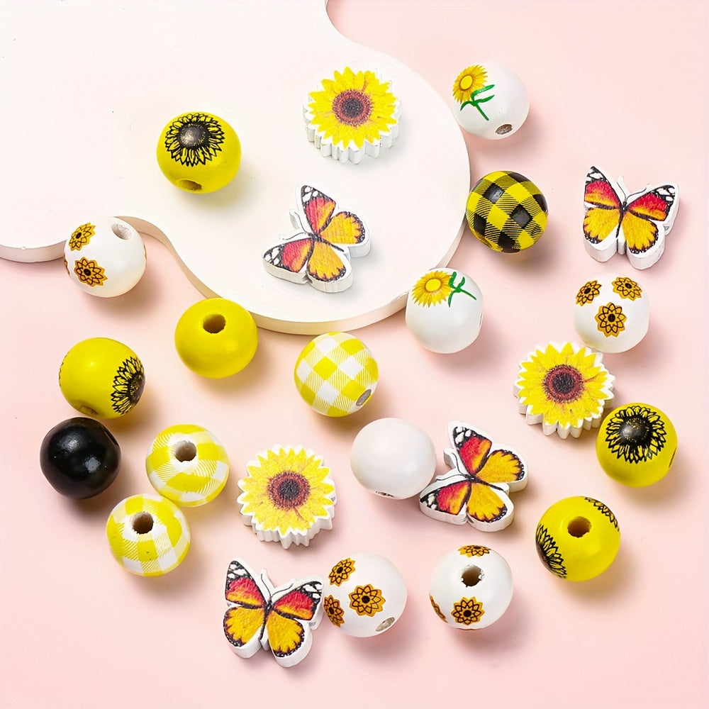 200pcs Yellow Wooden Sunflower Butterfly Beads