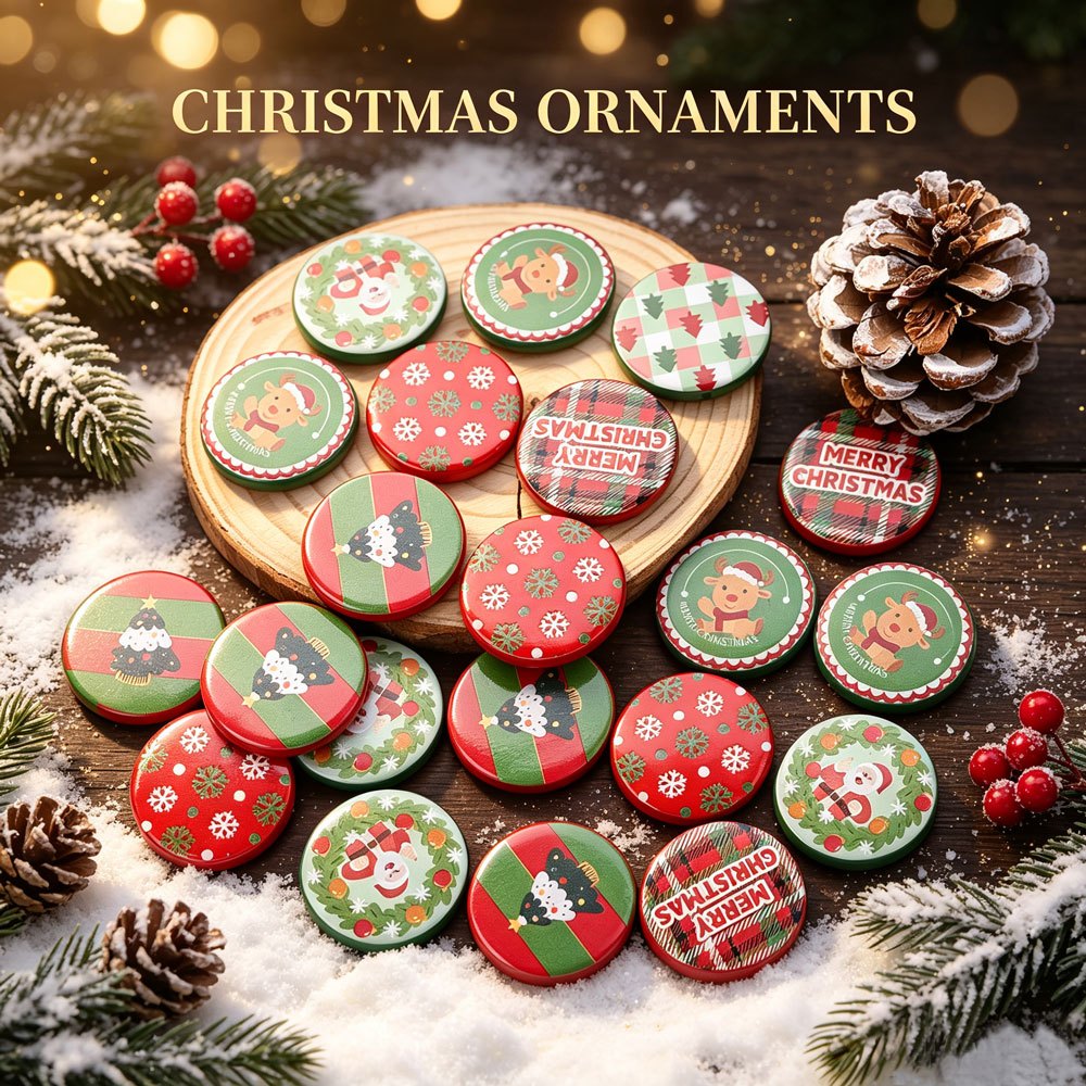 30mm Christmas Printed Flat Acrylic Spacer Beads, 10pcs