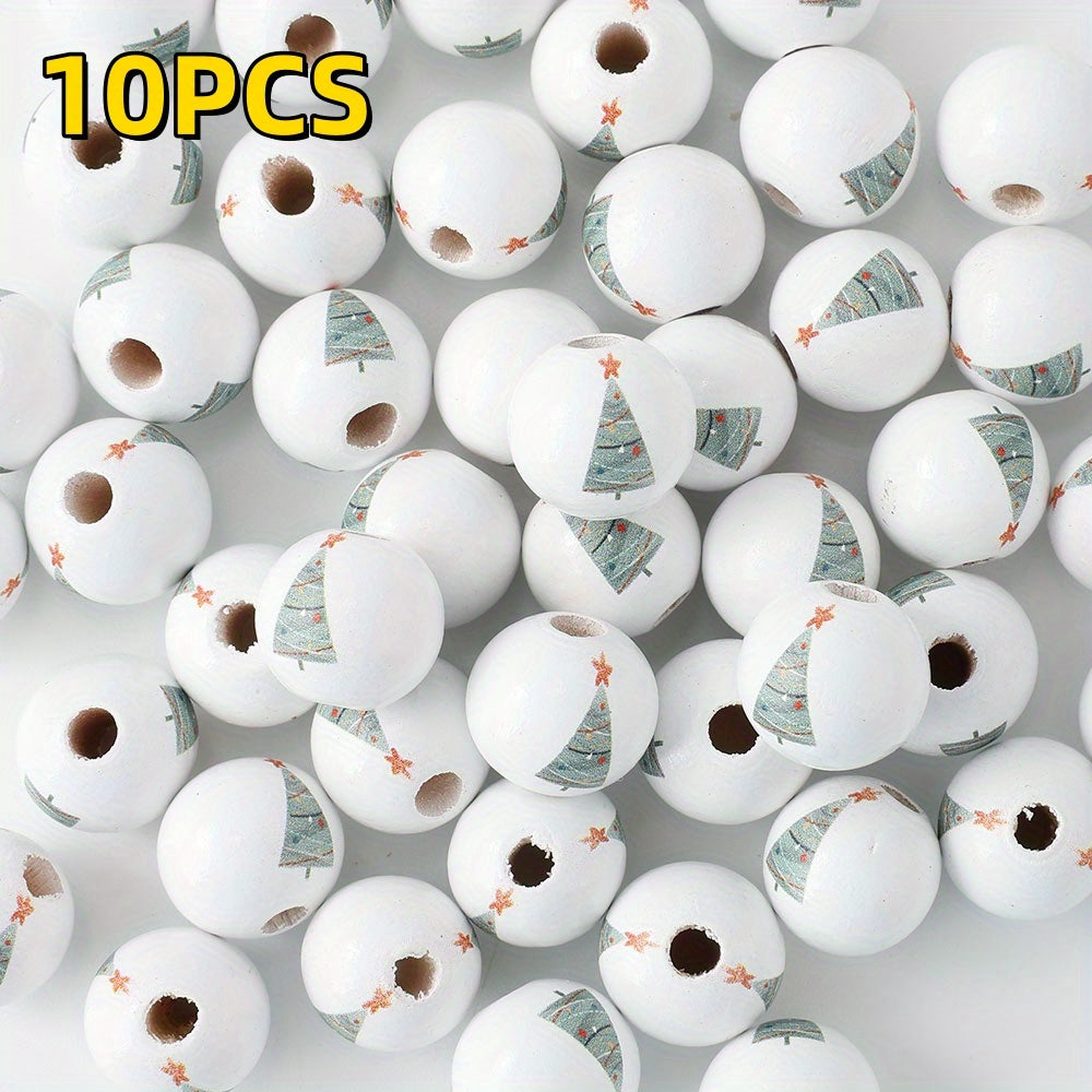10pcs 16mm Christmas Tree Pattern Wooden Round Beads