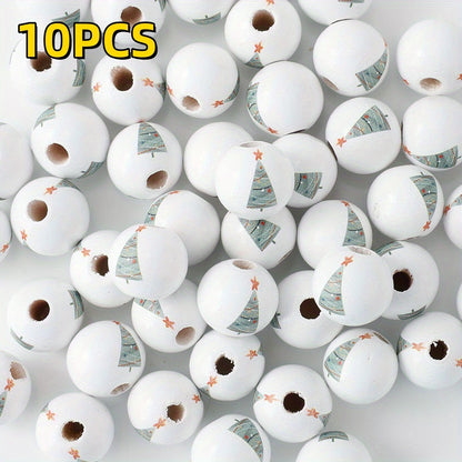 10pcs 16mm Christmas Tree Pattern Wooden Round Beads