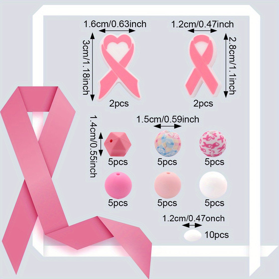 Pink Ribbon & Heart Silicone Beads Set