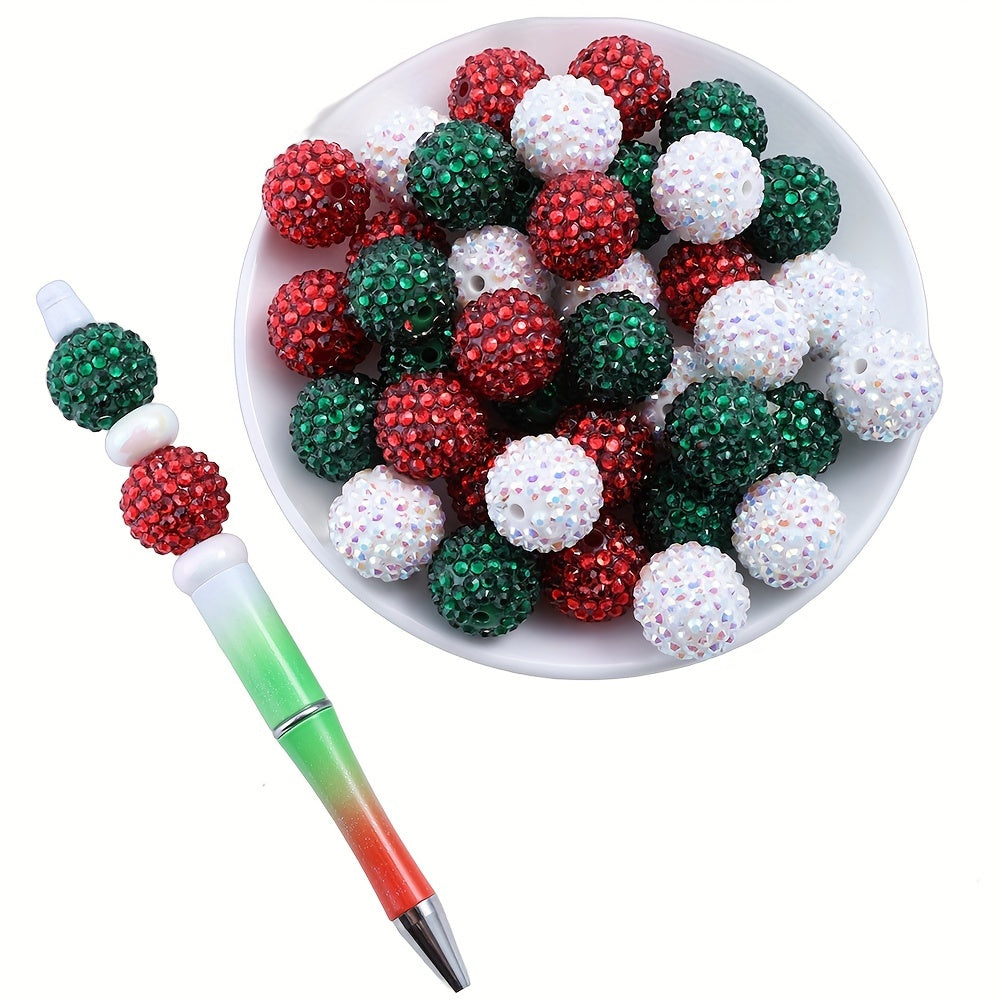 20mm Green / Red Rhinestone Christmas Resin Spacer Beads, 5pcs