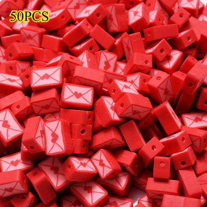 50pcs 8-10mm Red Fimo Heart Envelope Beads