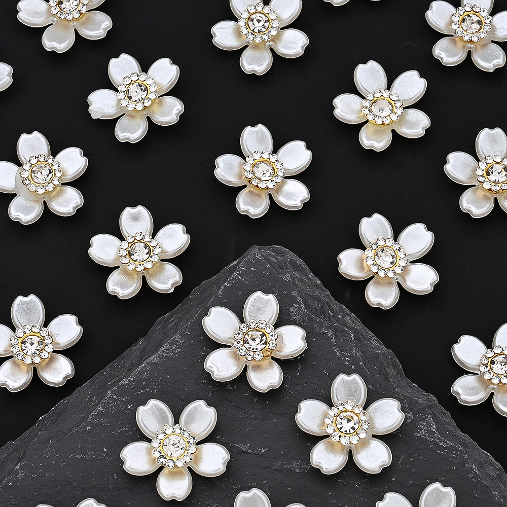 20pcs 18mm White Rhinestone Acrylic Flower Flatback Beads
