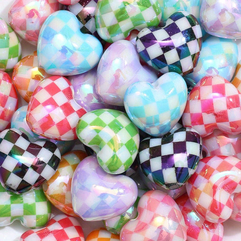 10pcs/set Multicolor Shiny Acrylic Checkerboard Heart Beads