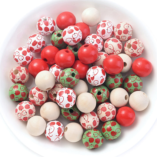 Red Apple Printed Wooden Craft Beads, 10pcs
