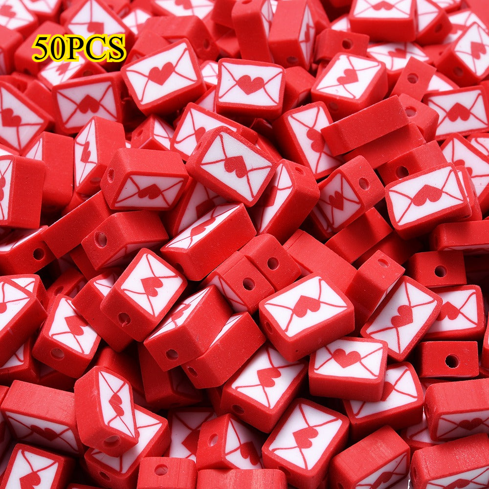 50pcs 8-10mm Red Fimo Heart Envelope Beads