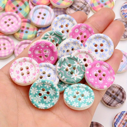 10pcs 20mm Wooden Plaid Printed Buttons