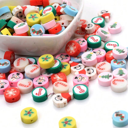 10mm Christmas Pattern Polymer Clay Spacer Beads, 50pcs