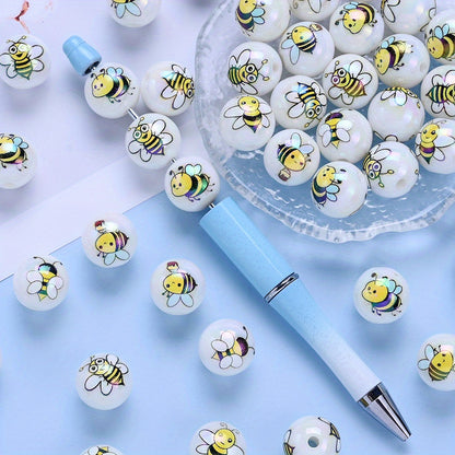 10pcs 16mm Shining Bee Print Acrylic Round Beads
