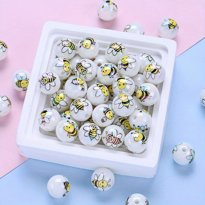 10pcs 16mm Shining Bee Print Acrylic Round Beads