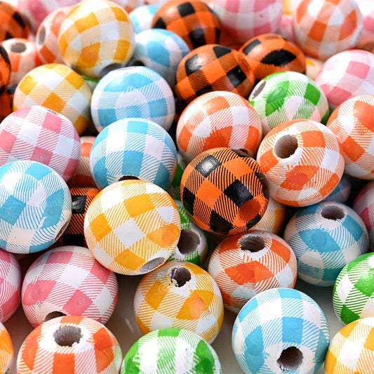 16mm 6-Color Buffalo Plaid Wooden Spacer Beads, 20pcs