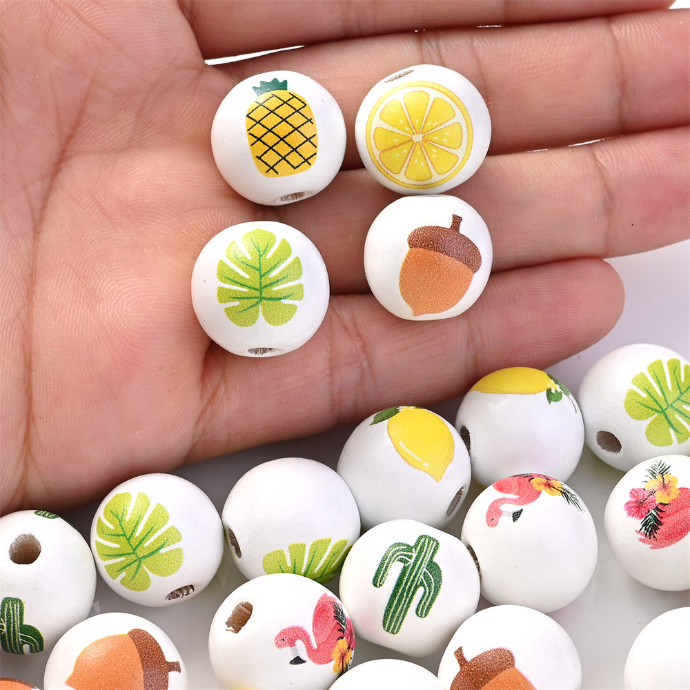 16mm Fruit-Themed Printed Wooden Beads, 10pcs