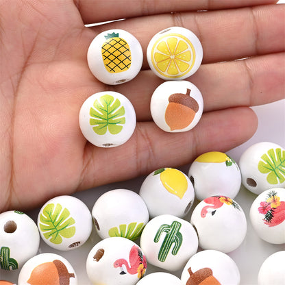 16mm Fruit-Themed Printed Wooden Beads, 10pcs