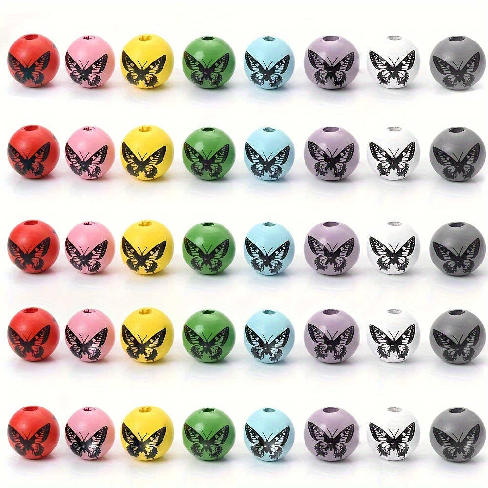 10pcs 15mm Multicolor Butterfly Print Wooden Beads
