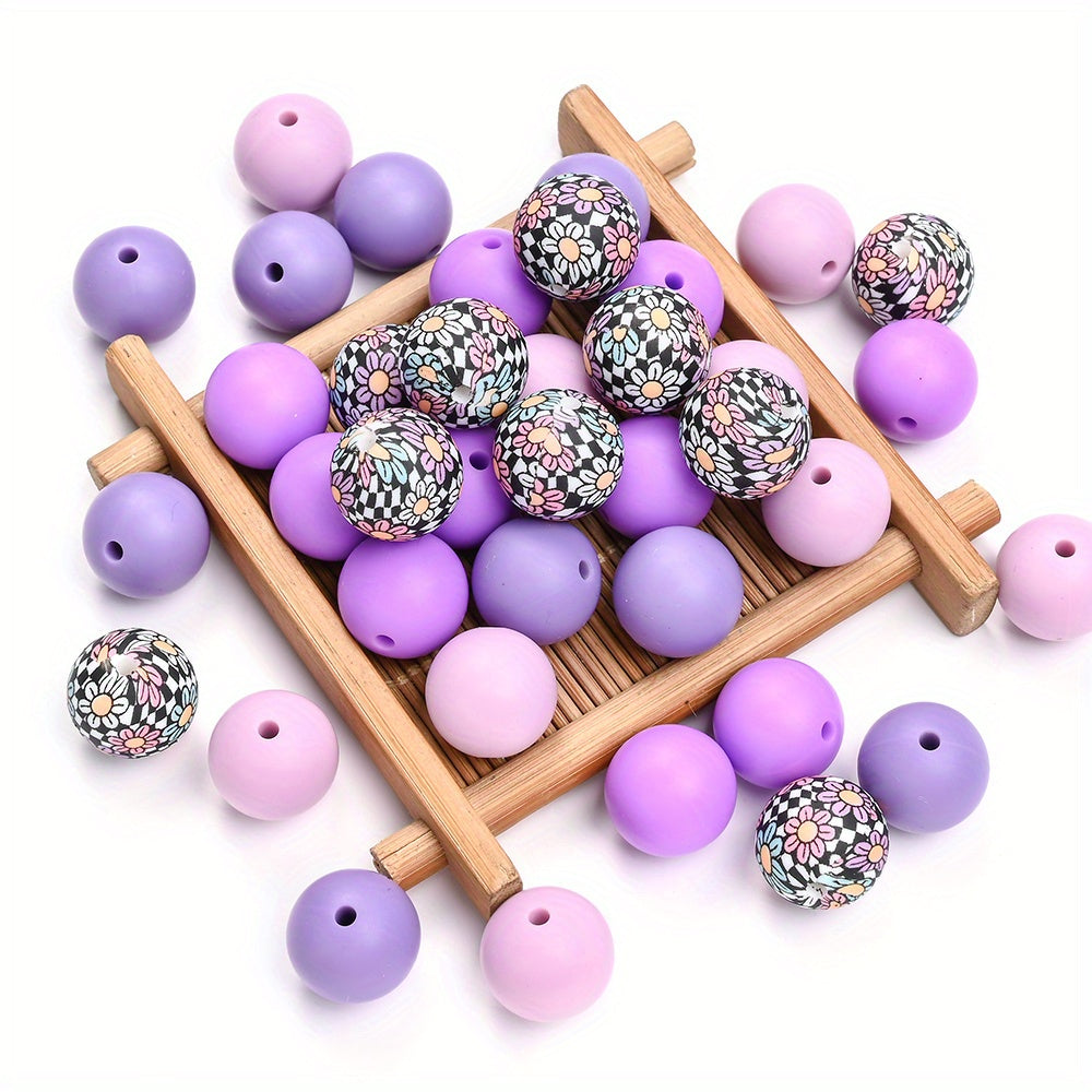 40pcs/set 15mm Colorful Round Silicone Flower Doodle Printed Beads