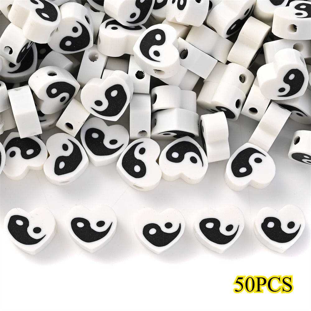 50pcs 8x9mm Black and White Heart Polymer Clay Beads