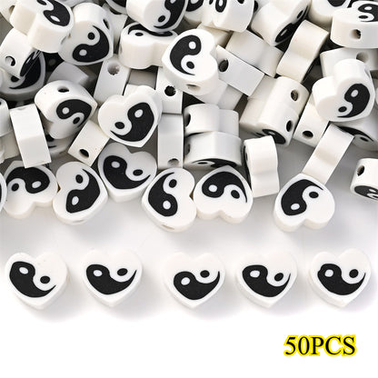 50pcs 8x9mm Black and White Heart Polymer Clay Beads