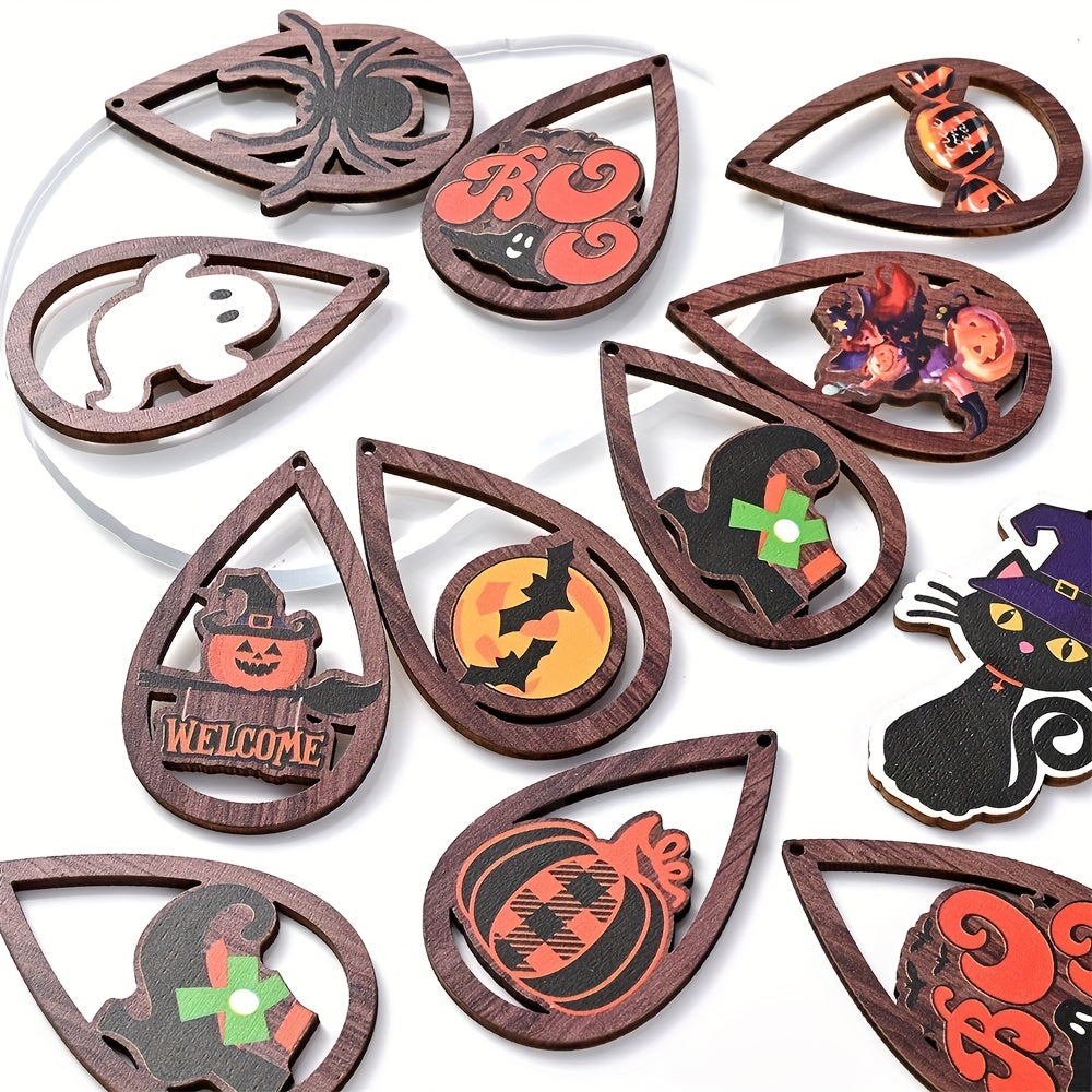 20Pcs Mixed Halloween Wood Water Drop Pendant Charms for Jewelry Making DIY Necklace Earrings Accessories