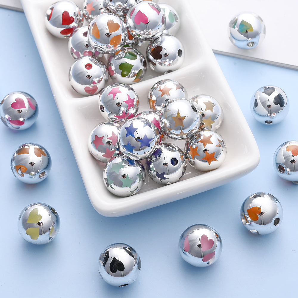 10pcs 16mm Silver Printed Heart & Star Acrylic Beads