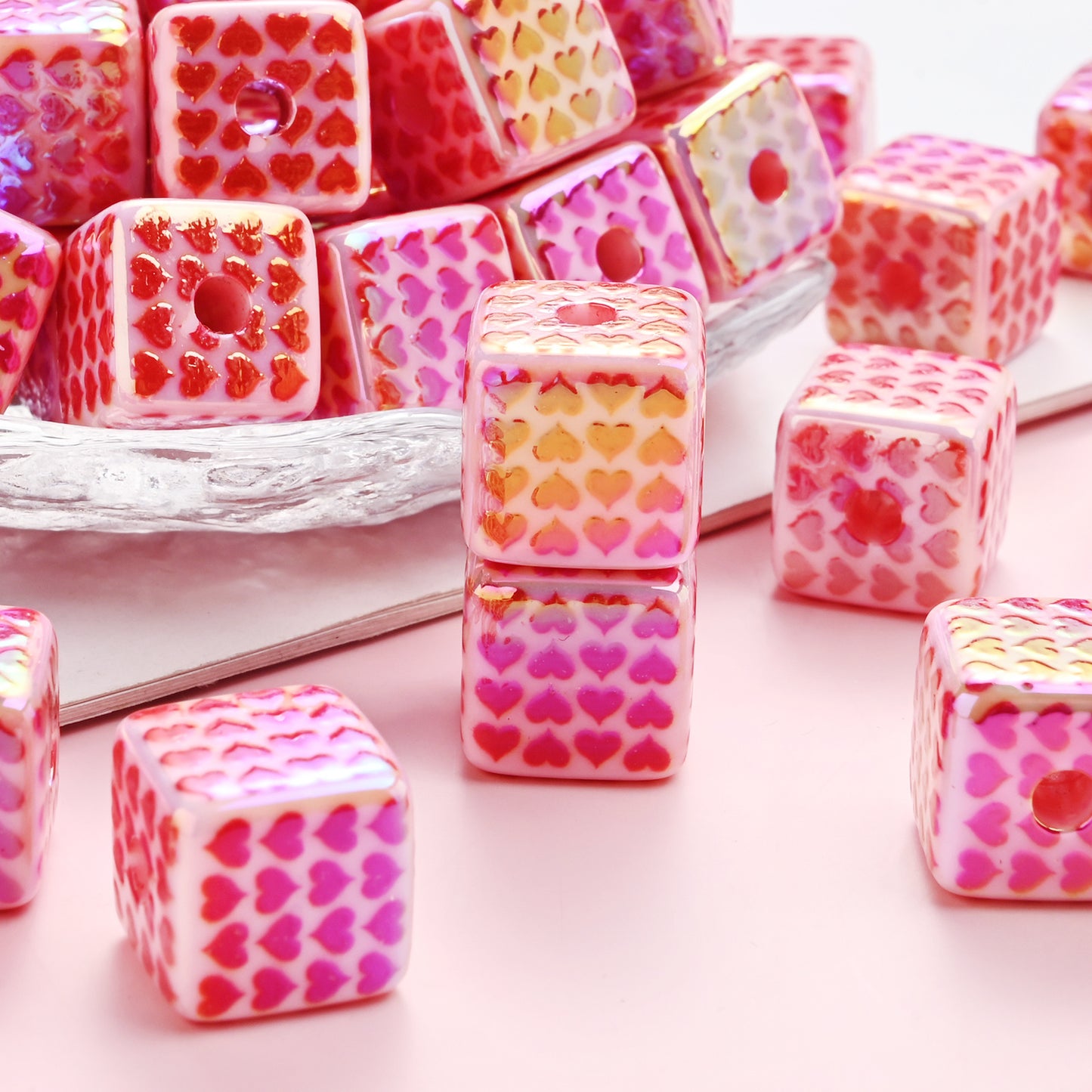 5pcs Red Heart Pattern Square Acrylic Beads