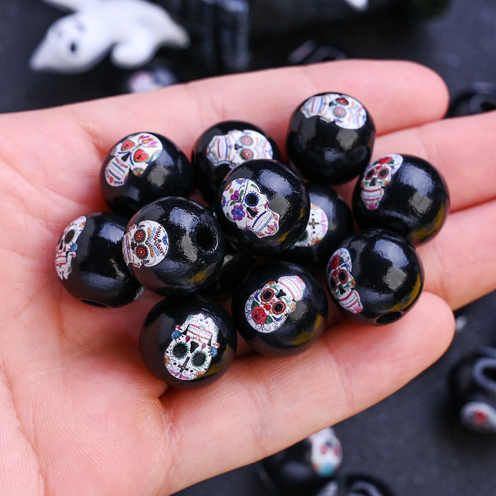 Halloween Skull Pattern Wooden Beads
