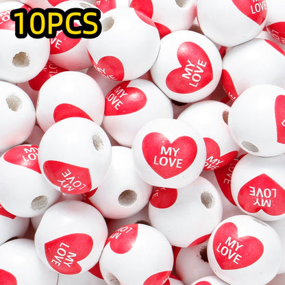 10pcs/set 16mm Heart-Shaped Printed Wooden Beads