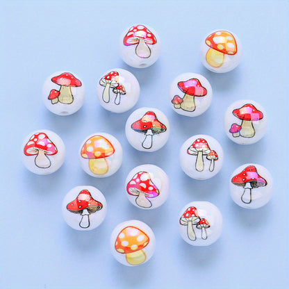 10pcs 16mm Glossy Mushroom Print Beads