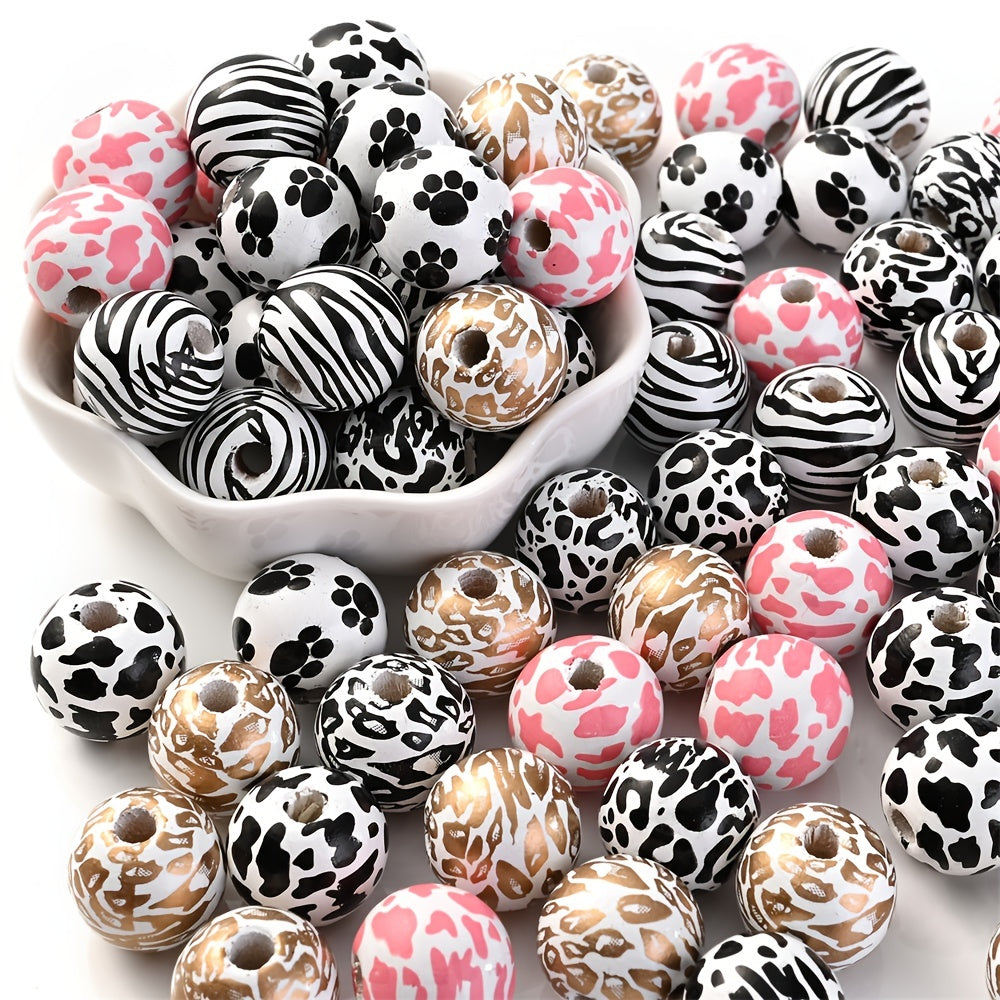 Cow Pattern Natural Wooden Spacer Beads, 10pcs