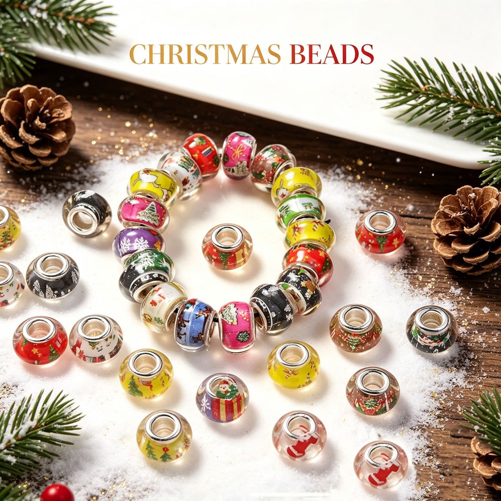 14 × 8mm Christmas Print Acrylic Barrel Spacer Beads, 30pcs