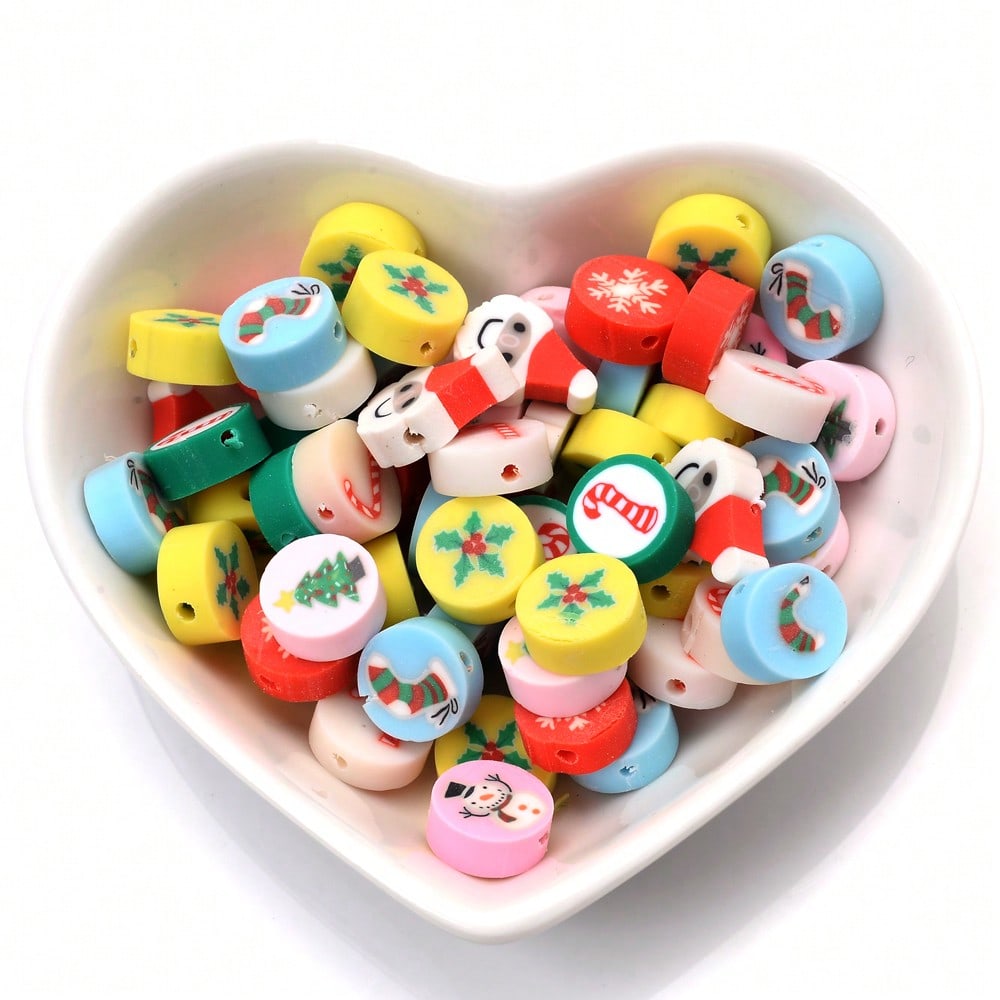 10mm Christmas Pattern Polymer Clay Spacer Beads, 50pcs