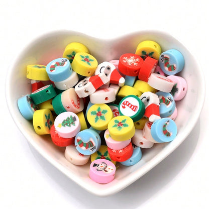 10mm Christmas Pattern Polymer Clay Spacer Beads, 50pcs