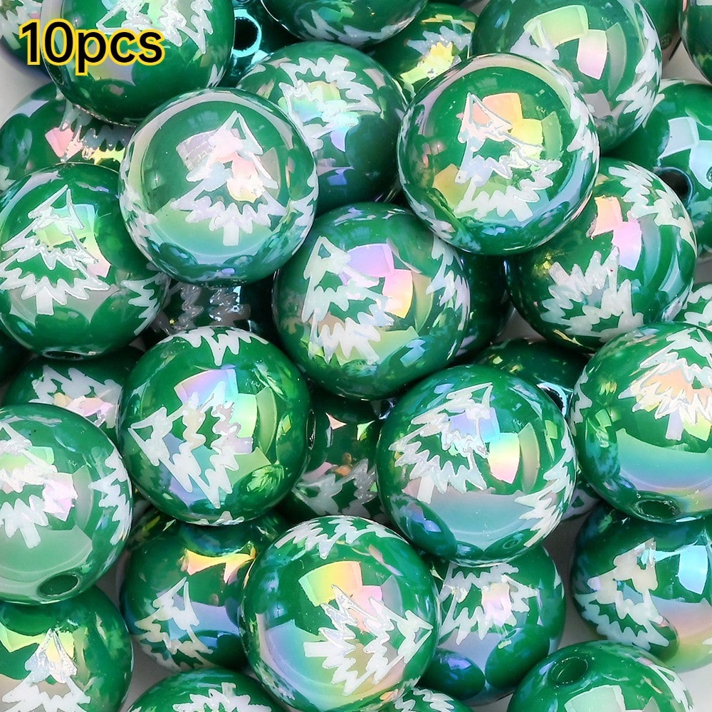 16mm Shiny UV Christmas Tree & Snowman Round Beads, 10pcs/Set