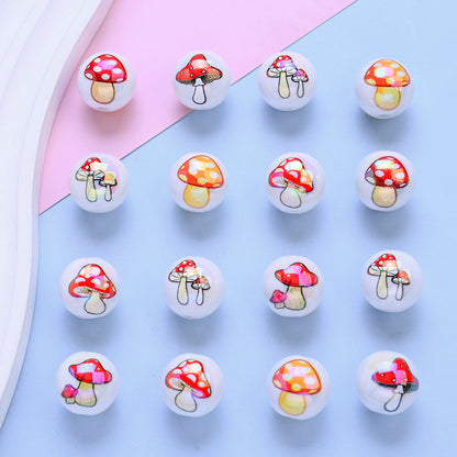 16mm Mushroom Printed Acrylic Round Beads