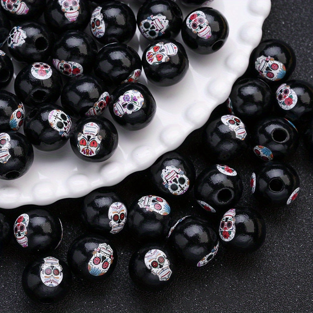 Halloween Skull Pattern Wooden Beads