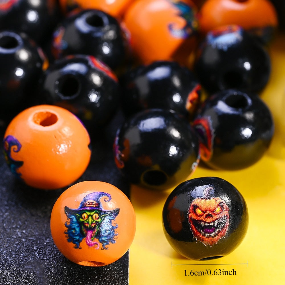 16mm Halloween Wooden Pumpkin & Witch Broom Beads