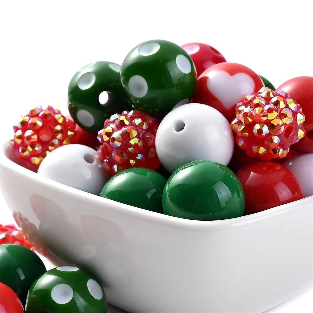 Christmas Polka Dot Rhinestone Acrylic Round Spacer Beads, 20pcs