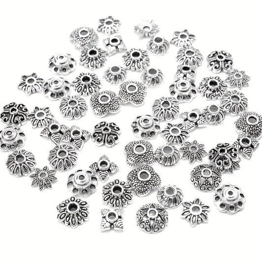50pcs Antique Silver Flower Bead Caps