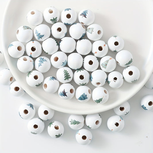 16mm White Christmas Tree Pattern Round Wooden Spacer Beads, 10pcs