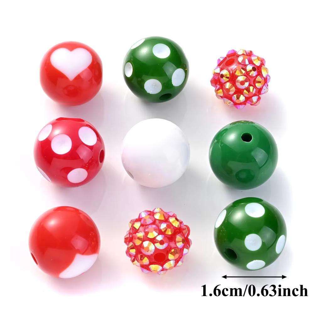 Christmas Polka Dot Rhinestone Acrylic Round Spacer Beads, 20pcs