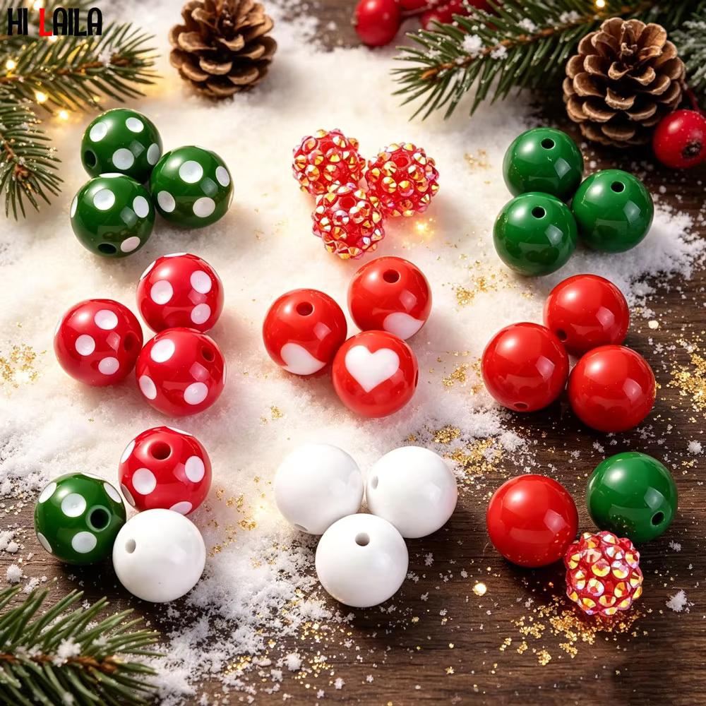 Christmas Polka Dot Rhinestone Acrylic Round Spacer Beads, 20pcs