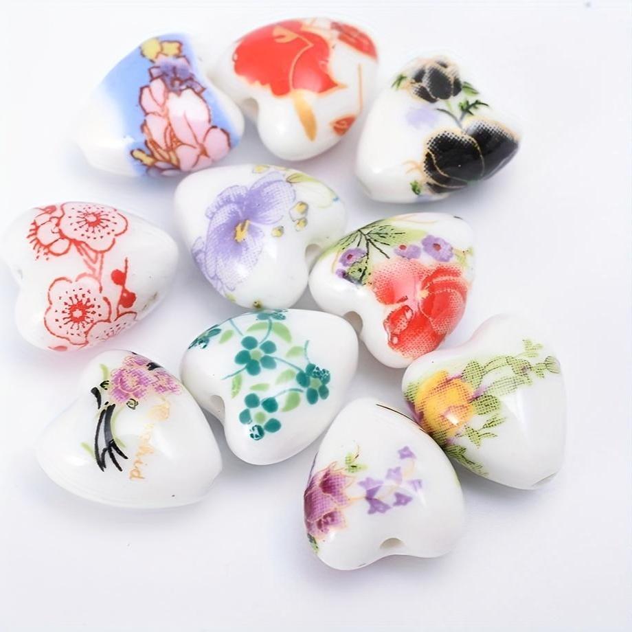 5pcs 12x13mm Blooming Flower Ceramic Heart Beads