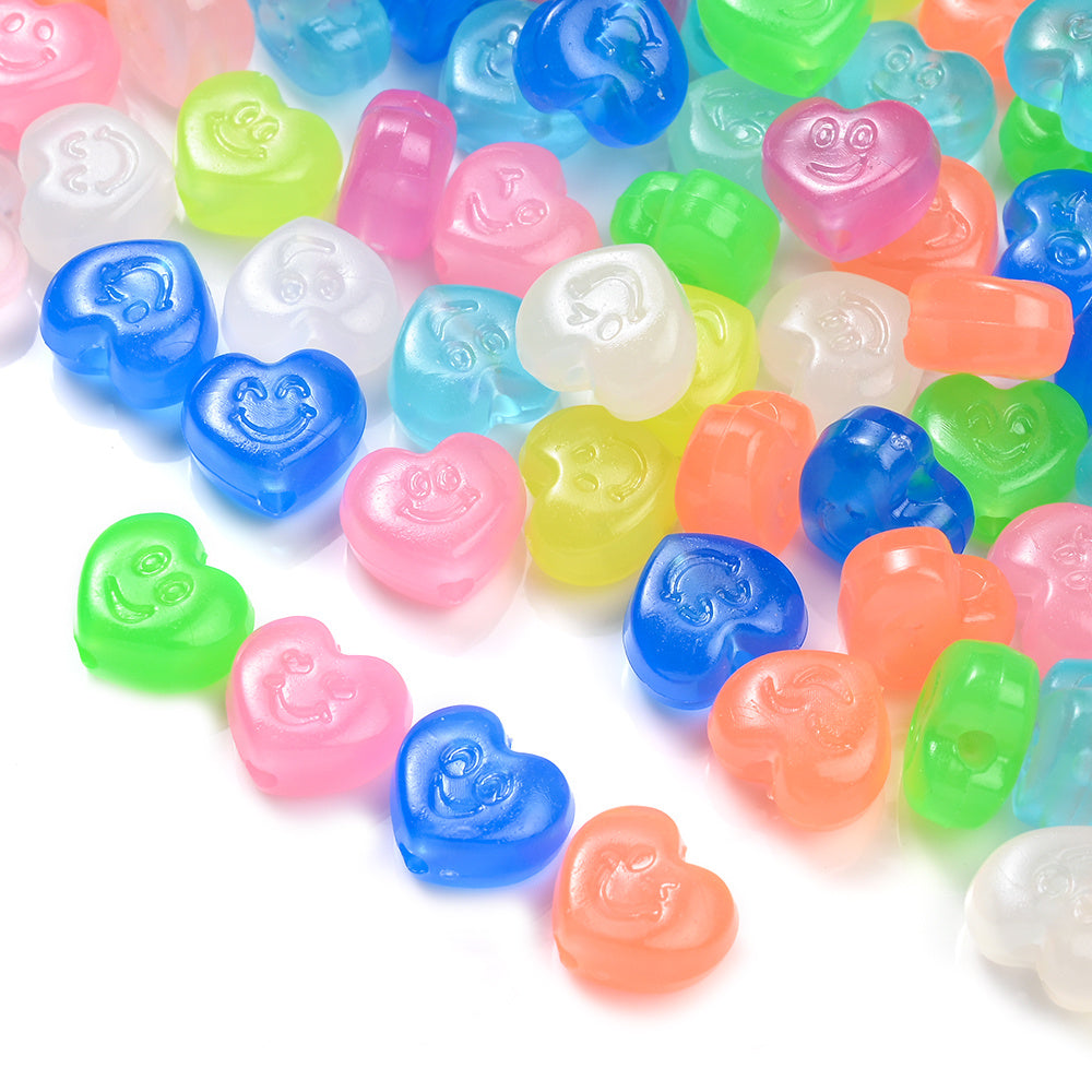 100pcs 10x11mm Valentine’s Day Luminous Smile Face Heart Acrylic Beads
