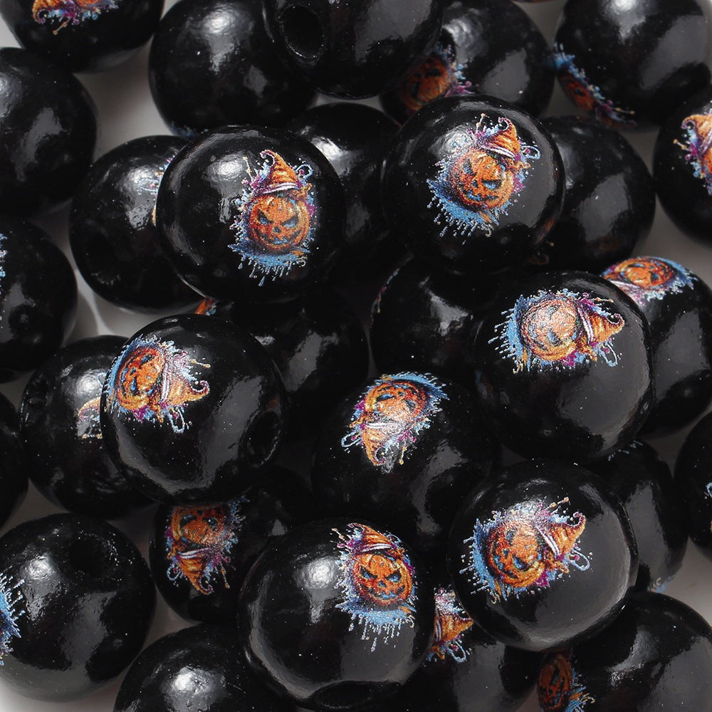 16mm Halloween Wooden Pumpkin & Witch Broom Beads