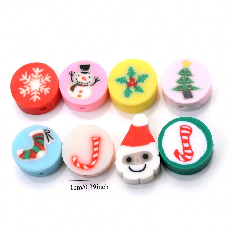 10mm Christmas Pattern Polymer Clay Spacer Beads, 50pcs