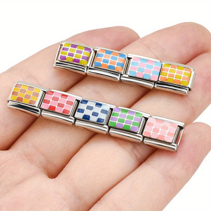 1pc 9x10mm Stainless Steel Checkerboard Module Charm Bead