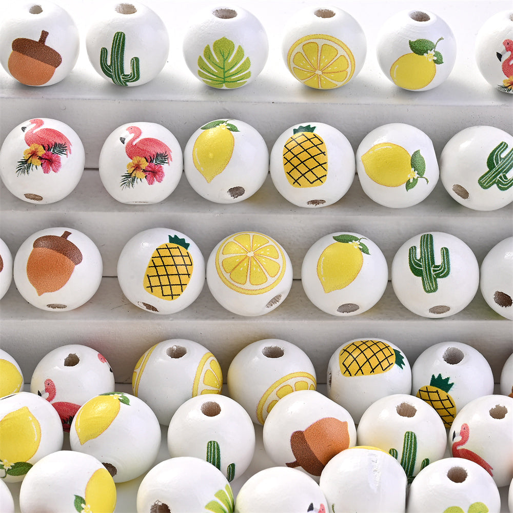 16mm Fruit-Themed Printed Wooden Beads, 10pcs