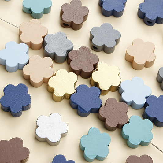 50pcs 14mm Mixed Color Flower Wooden Beads