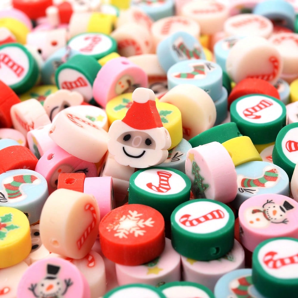 10mm Christmas Pattern Polymer Clay Spacer Beads, 50pcs